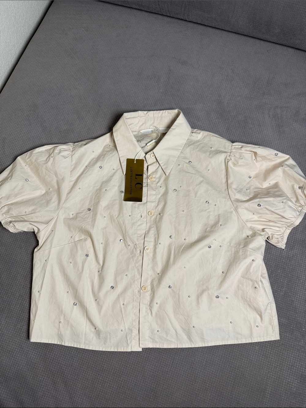 L.C. Cream Short-Sleeve Button-Down Shirt with Embellishments
